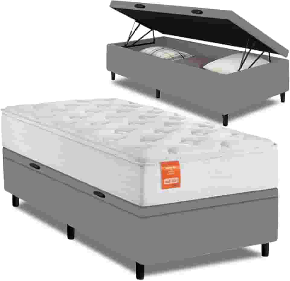 Cama Box Baú Colchão Solteiro Molas Ensacadas Real 88x188x68cm Branco/Cinza Inducol - Suporta até 130kg por Pessoa