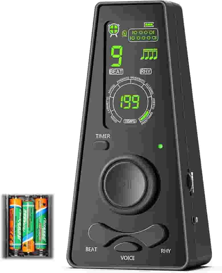 Metrônomo com Controle de Volume(Inclui 3 Pilhas AAA), Metronomo Digital com Temporizador, 7 * 4 * 14 CM, Tela Colorida e Avisos de Batida em Inglês