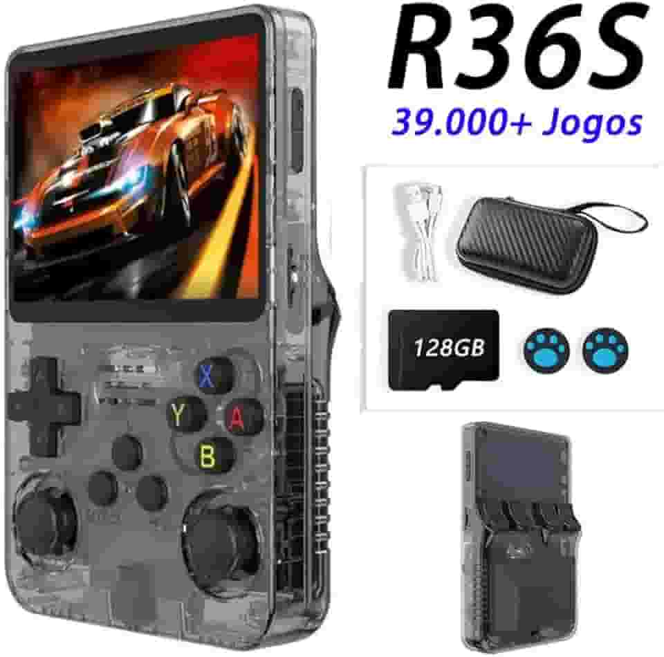 Console de video game portátil R36S Retro de 128 GB,r36s console portatil, mais de 39.000 jogos, Arkos 2.0, tela IPS de 3,5 polegadas, reprodutor de vídeo de bolso (cor：preto)