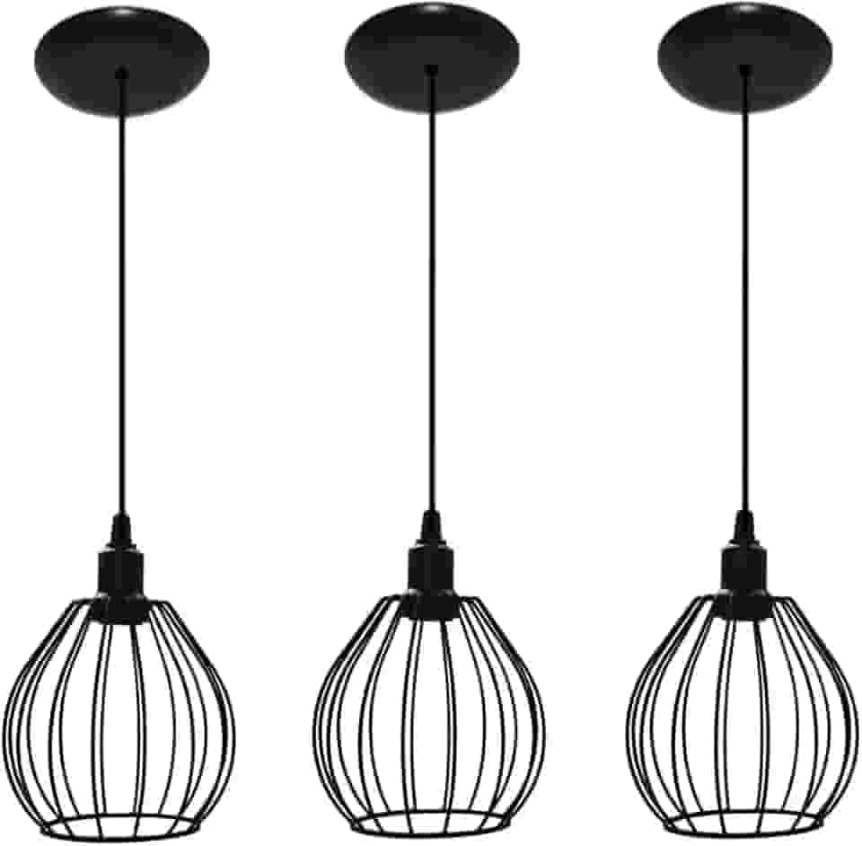Kit 03 Lustres Luminarias Pendentes Aramado Modelo Balão estilo Retrô Cor Preto - Ideal para balcão, bancada (Preto)