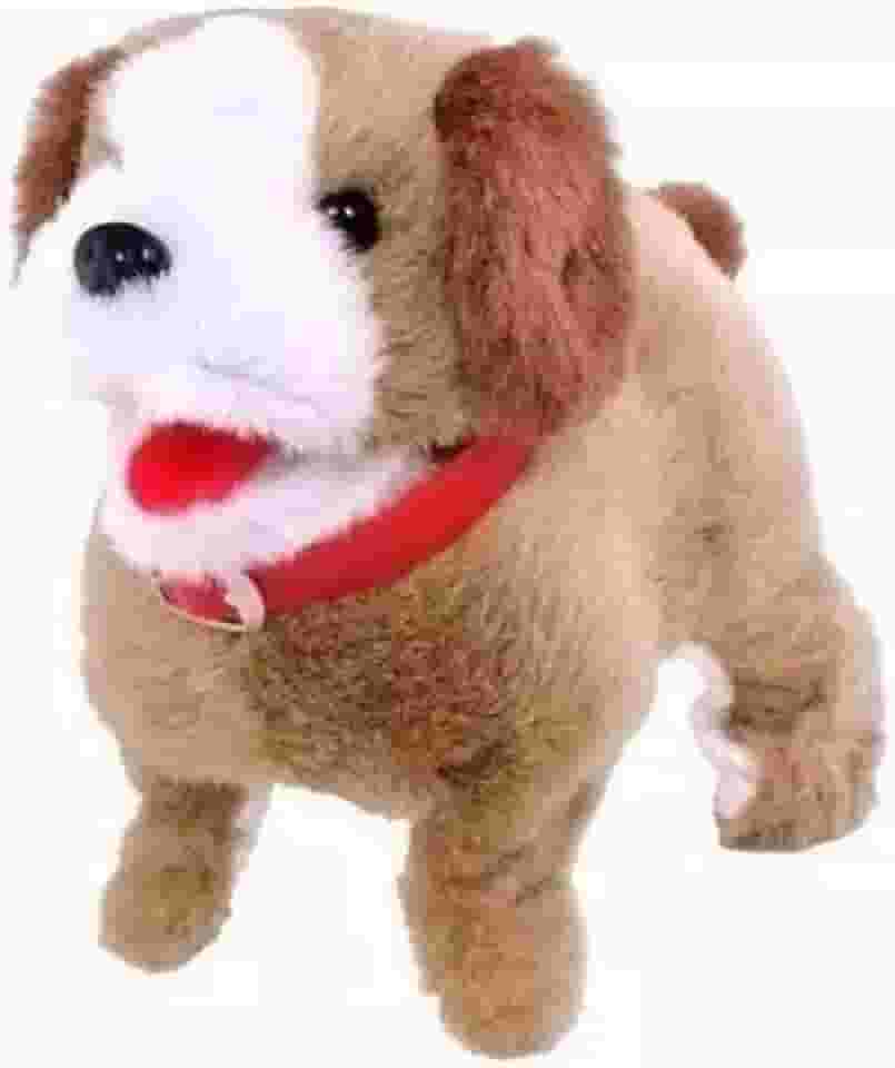 Cachorro de Pelúcia Interativo, Anda, Late e Dá Cambalhota, Marrom e Branco com Coleira Vermelha