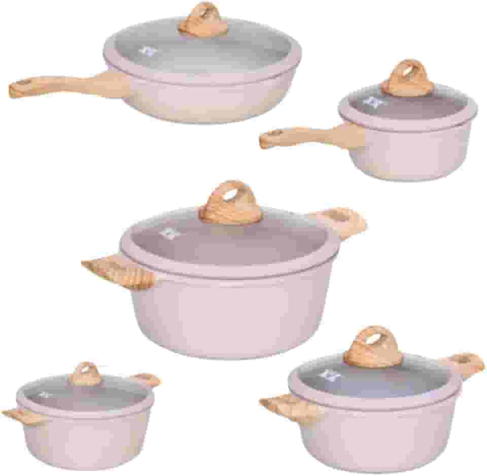 Jogo de 5 Panelas em Ceramica Acabamento Madeira, 5 Peças, Indução, Fogo, Eletrico com Tampa de Vidro. (Creme)