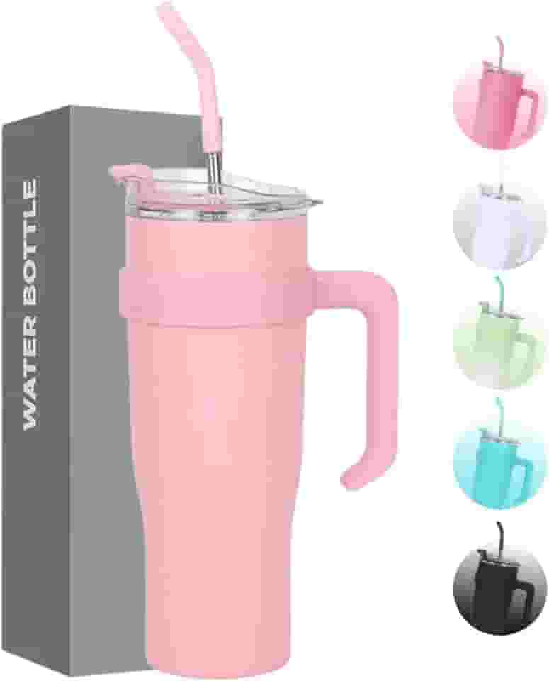 Copo Caneca Térmica de Inox à Vácuo Com Alça e Canudo 1200ml (Copo Virgínia) (Rosa)