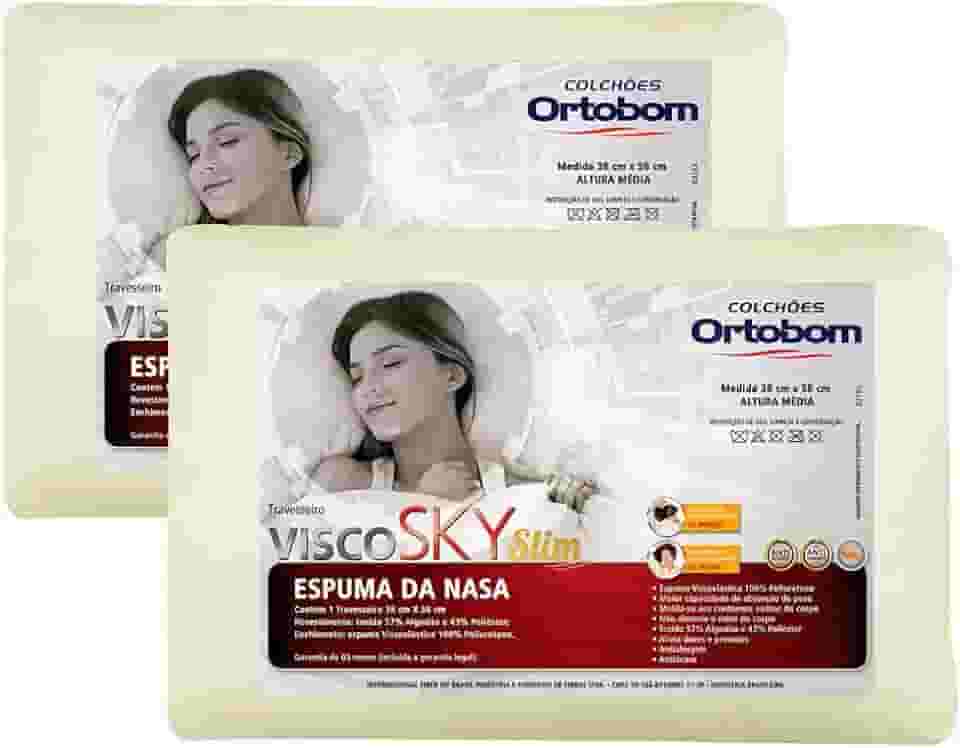 Kit 02 Travesseiros Nasa Antialergico Visco Sky Slim - Ortobom