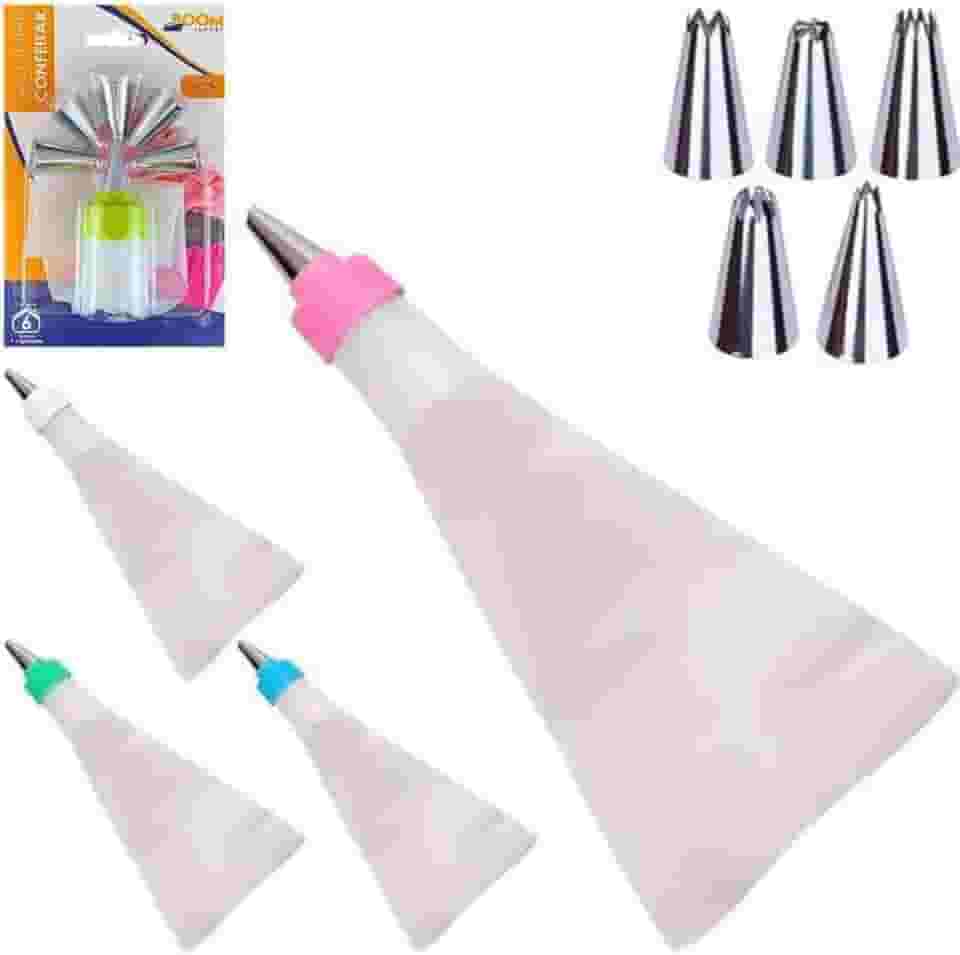 Jogo de Confeiteiro Com 6 Bicos Diferentes Saco de Silicone Adaptador Matriz Bisnaga para Decoração de Bolos Cupcakes e Tortas