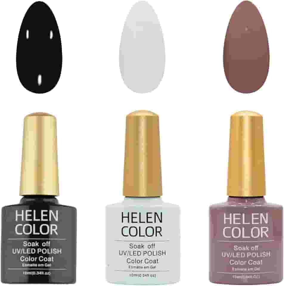 HELEN COLOR Kit 3 Esmaltes em Gel UV/LED 10ml Cada Frasco Secagem Rápida Alta Durabilidade Acabamento Brilhante (Básicos)