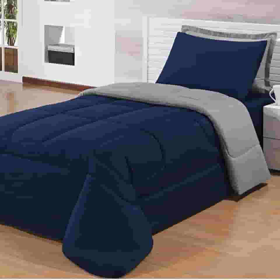Edredom Solteiro Para Cama Box Dupla Face Com Fronhas 3 Peças (Marinho/Cinza)