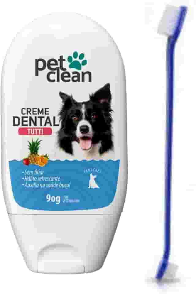Kit Escova de Dente e Creme dental Tutti Frutti Pet Clean 90g Previne Mau Hálito Saude Bucal de Cães