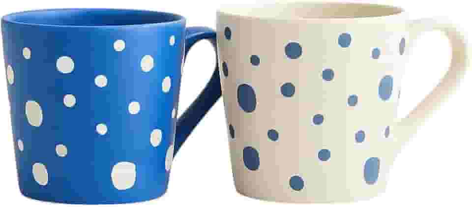 2 Canecas de Cerâmica 400ml Premium Decorada Azul e Branca (Bolinhas Branco e Azul)