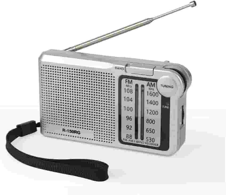 Rádio Portátil AM/FM, Rádio de Bolso, 2 Bandas, Alimentação por 2 Pilhas AA(Não inclusas) e Cabo USB tipo C, Antena e Entrada para Fone de Ouvido