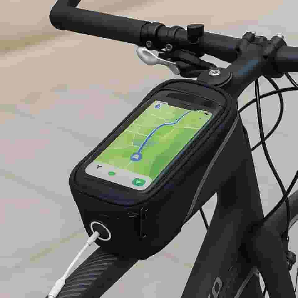 Bolsa de Guidão para Bicicleta com Tela Touch, Impermeável, Porta Celular com Zíper e Saída para Fone, Cinza e Preto