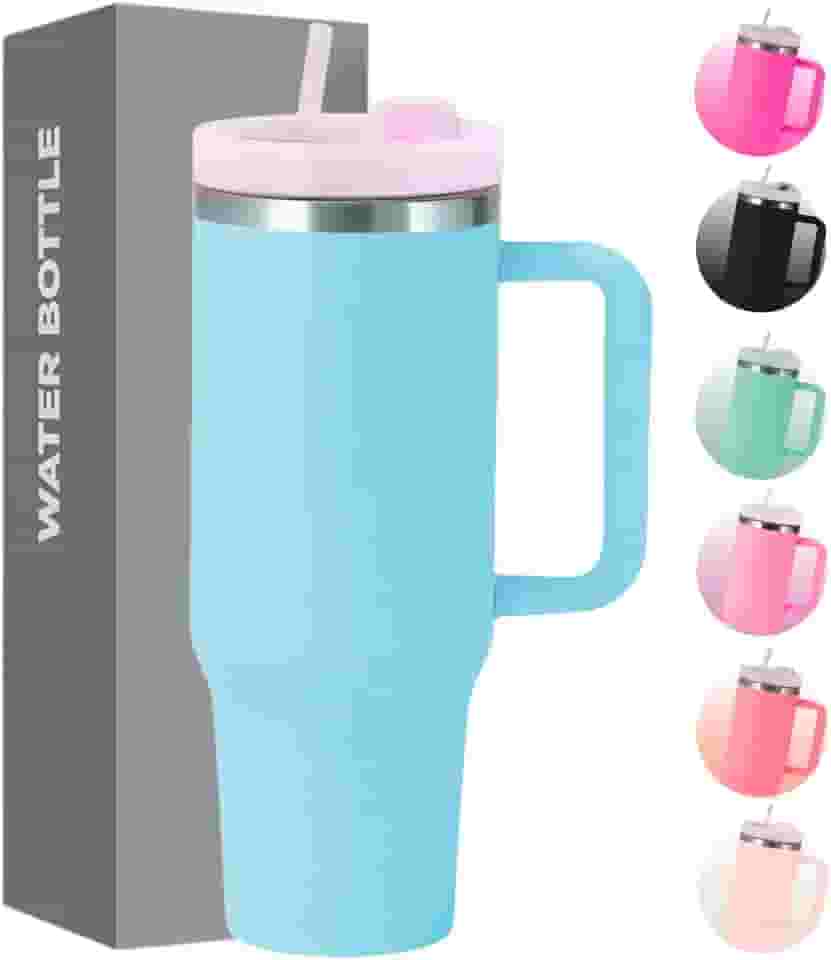 Copo Térmico com Tampa 1200 Ml Caneca Garrafa Térmica Com Canudo - Inox Parede Dupla (Azul Celeste)