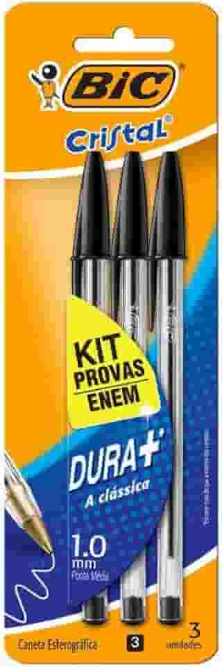 BIC 930095 Kit Enem - Caneta Esferográfica Cristal Dura Mais, A Clássica, com 3 Canetas Pretas, Ideal para o Enem