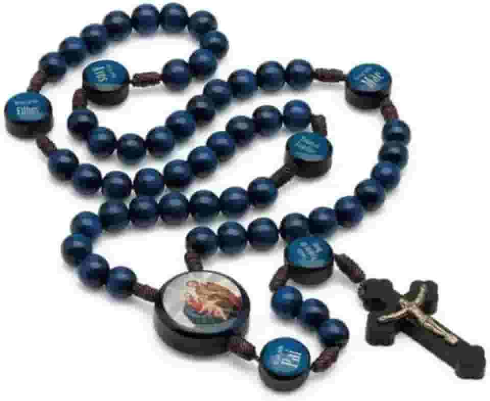 Terço Madeira Azul Cordão 8mm Eu Rezo pela minha família