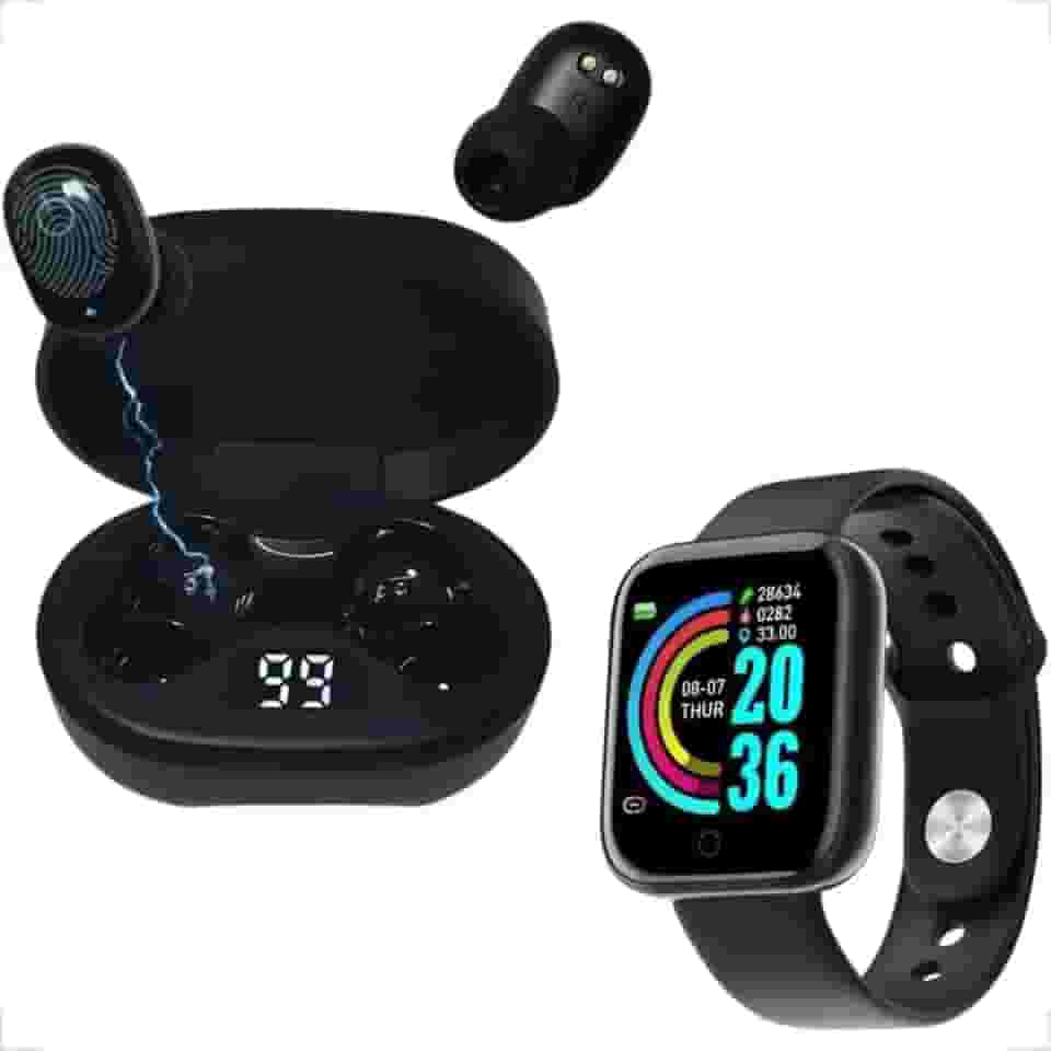 Fone de Ouvido Bluetooth Sem Fio 5.0 Intra-auricular Compativel com Todos os Aparelhos Carregamento Rápido + SmartWatch Relógio Inteligente Monitor de Frequência Cardíaca Compatível Android e IOS