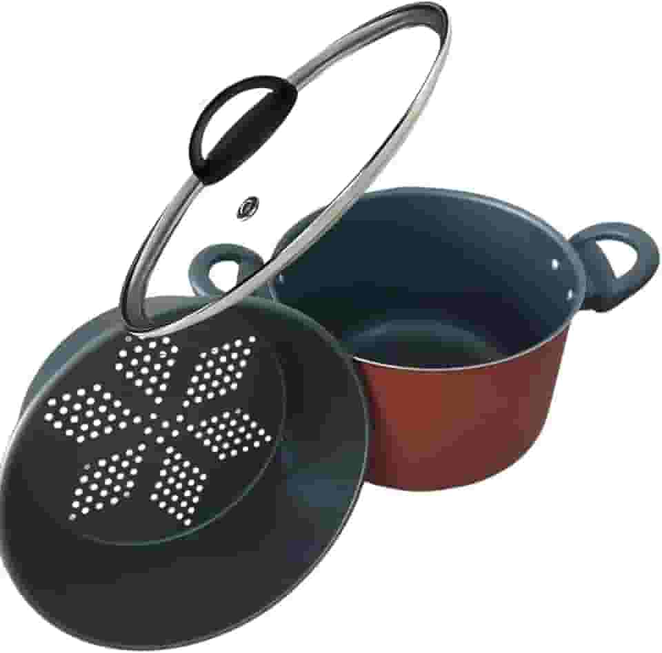 Panela Multiuso Vermelha Com Forma Antiaderente Preta Legumes a Vapor