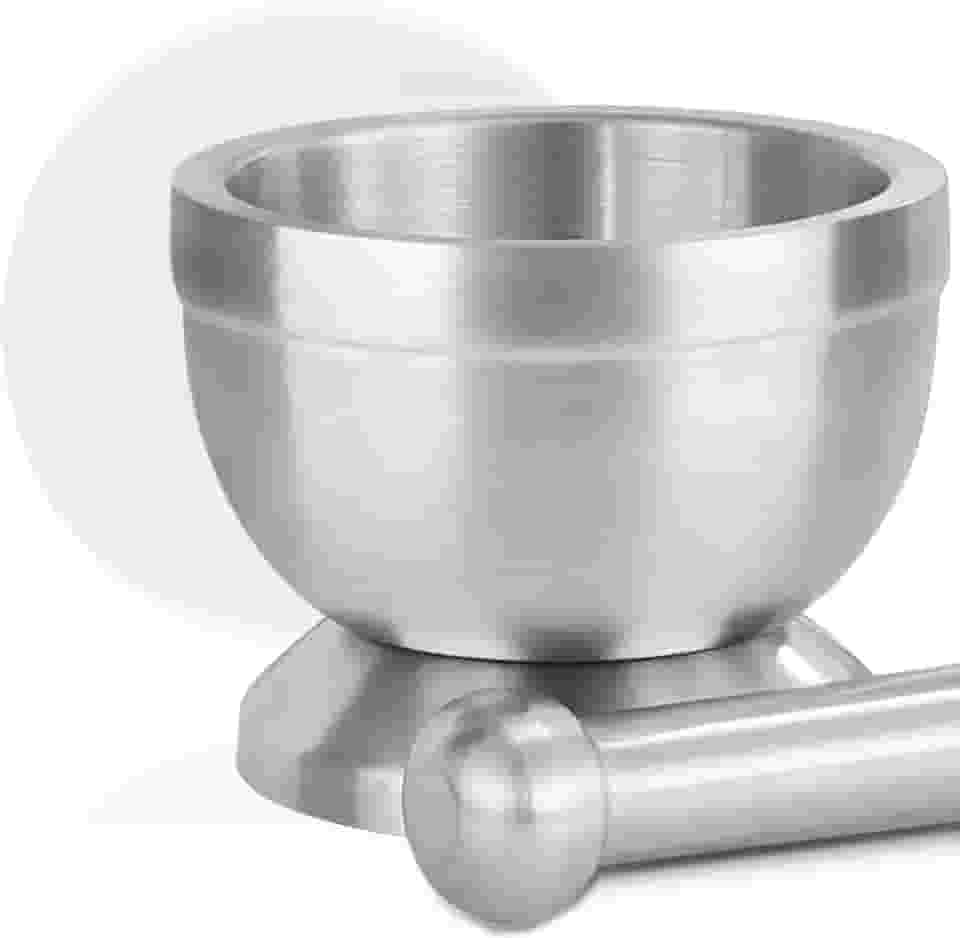 11,7 × 9,7 cm, Pilao, Aço Inoxidável Pilao Vem com Tampa, Pilão com Socador, Pilao com Socador, Pilão, Socador Alho, Socador de Alho Pilao, Prata