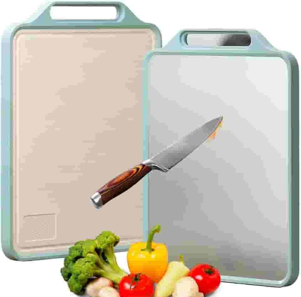 Tábua de Corte Dupla Face Inox e PP Tabua de Carne Inox Antibacteriana, Tábua de Corte de Aço Inoxidável, Antiderrapante e Antimicrobiana, Resistente a Mofo e Arranhões - Tamanho Grande Premium