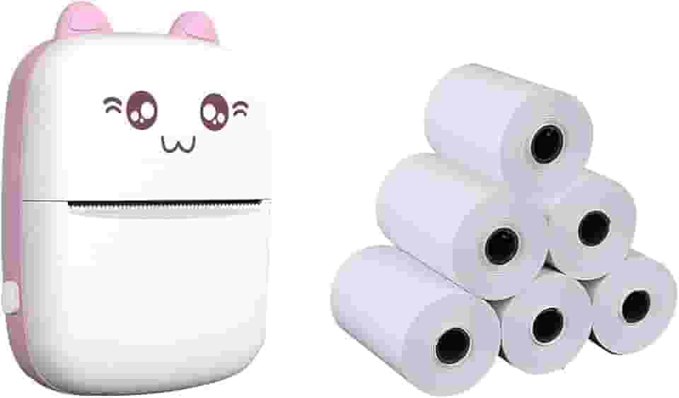 Mini impressora térmica portátil sem fio BT 200dpi Photo Label Memo Pergunta errada Impressão com cabo USB + 5 rolos Rolo de papel térmico 57 * 30mm Perguntas erradas Notas Impressão de papéis (Rosa)