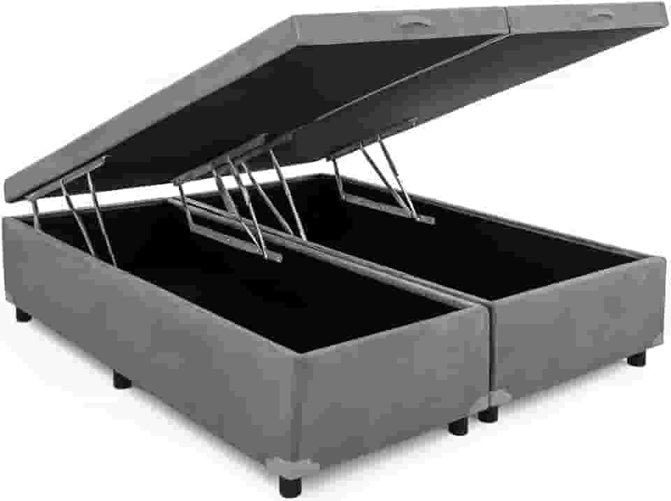Cama Box Baú Queen Bipartido 79, Blindado, Pistão á Gás, Pés de Madeira (Suede, Cinza)