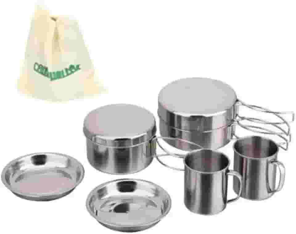 Kit Panelas Camping Pesca Inox 8 Peças Portátil Com Bolsa