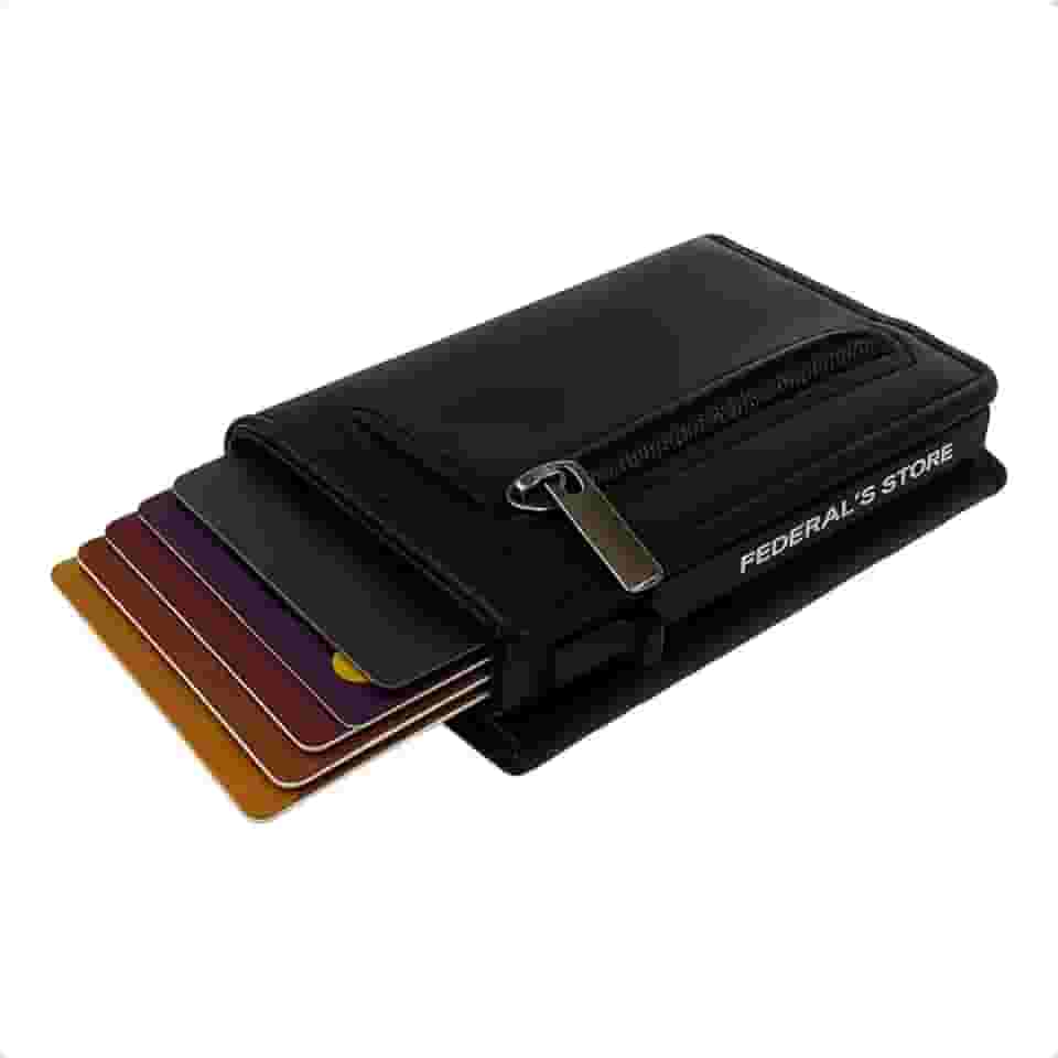 Carteira Com Fecho Magnetico Imã Slim Rfid Antifurto Compartimento Exclusivo Para Cnh Dinheiro Compacta do Futuro Completa Inteligente Mágica Porta Cartão Pop Up ML04 Federal's Store (Preta Couro)