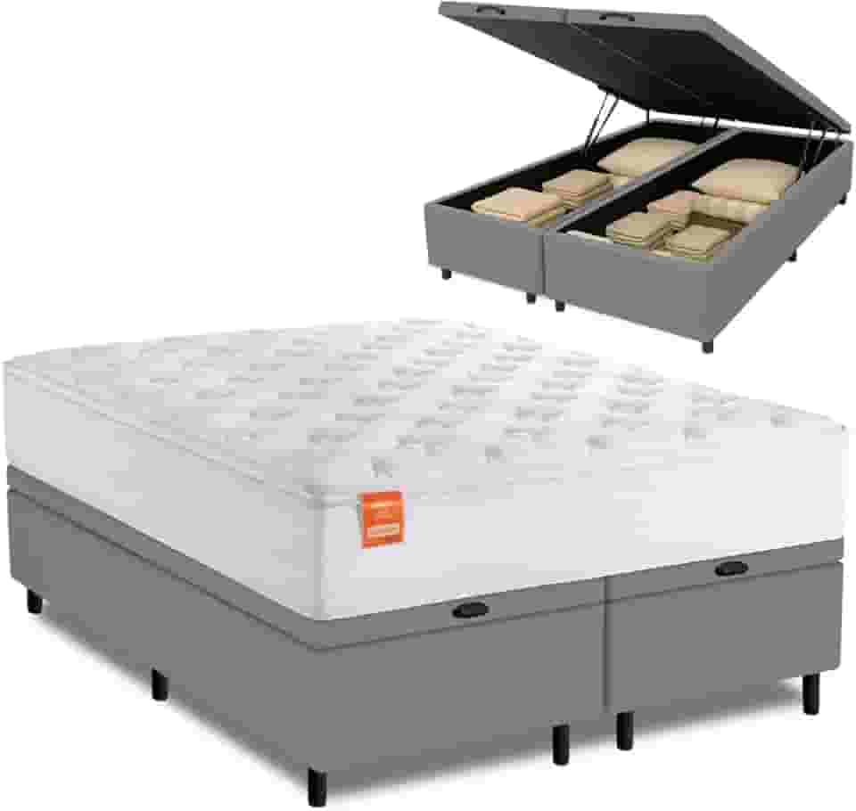 Cama Box Baú Colchão Casal King Molas Ensacadas Real 193x203x68cm Branco/Cinza Inducol - Suporta até 130kg por Pessoa