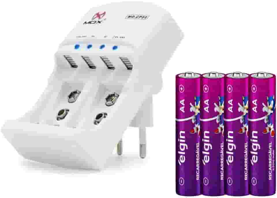 Carregador Mox + 4 pilhas AA recarregáveis 2700 mAh Elgin