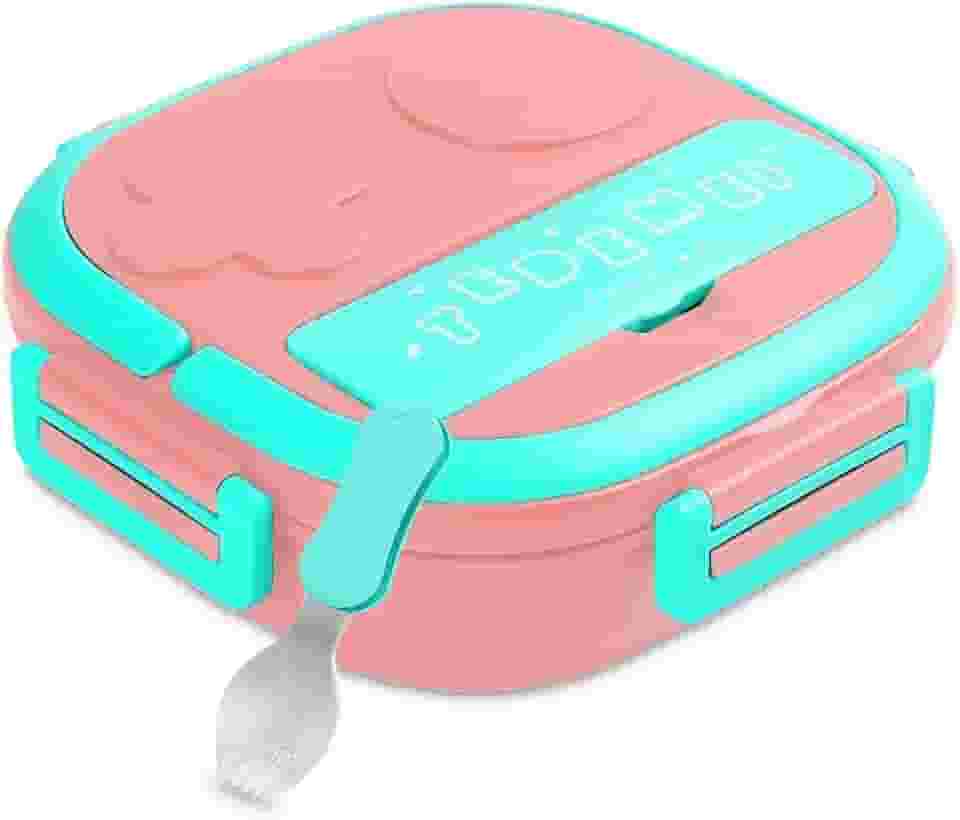 Marmita Térmica Infantil com divisórias + Garfo pote retangular com tampa lancheira (Rosa)