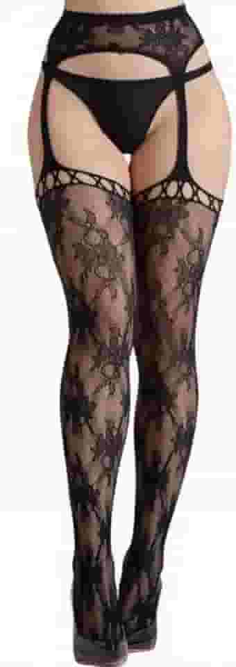 Meia-calça feminina de cintura alta com suspensório de renda transparente com estampa de flor de coração