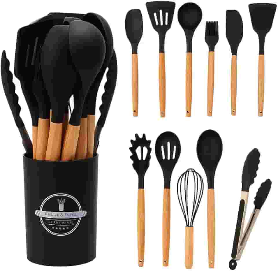Kit 12 Utensílios De Cozinha Em Silicone E Cabo De Madeira Jogo De Utensílios Resistente ao Calor Antiaderente Premium