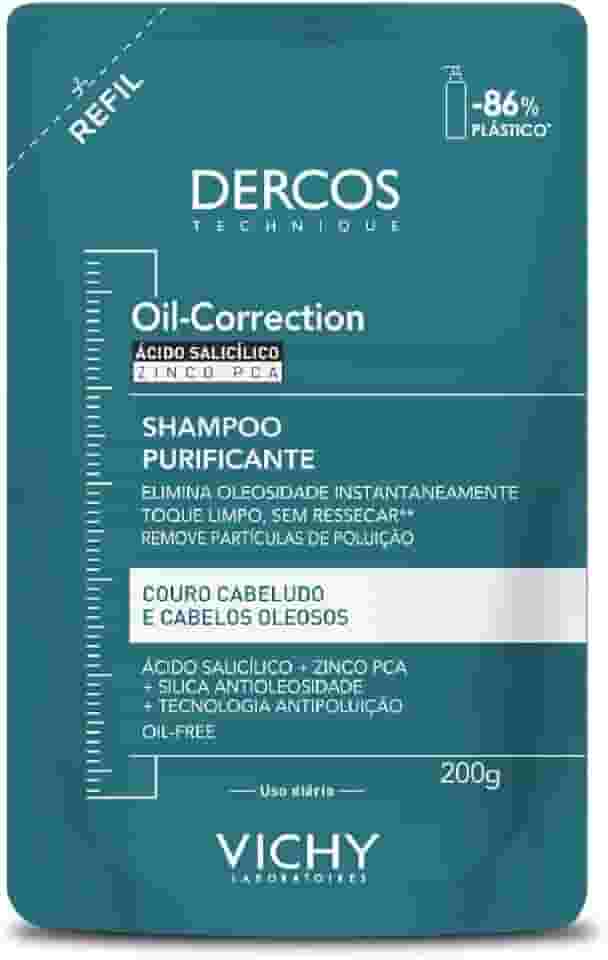 Vichy Dercos Oil-Correction, Refil Shampoo Purificante para Cabelos Oleosos, Limpeza Profunda sem Ressecar os Fios, Fórmula com Ácido Salicílico e Zinco PCA, 200g