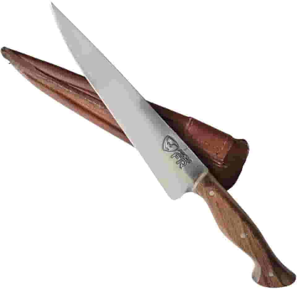 Faca Churrasco Artesanal FACAS FR Aço Carbono Full Tang com Cabo de Madeira Nobre e Bainha de Couro - Corte Preciso e Durabilidade Superior