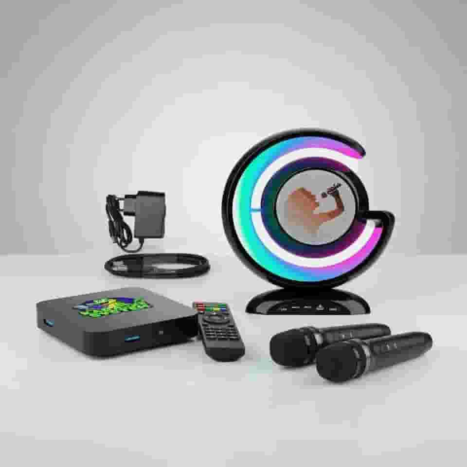 Aparelho Karaoke com 18.000 músicas, Pontuação Real, Altera Tonalidade e 2 Mics sem fio