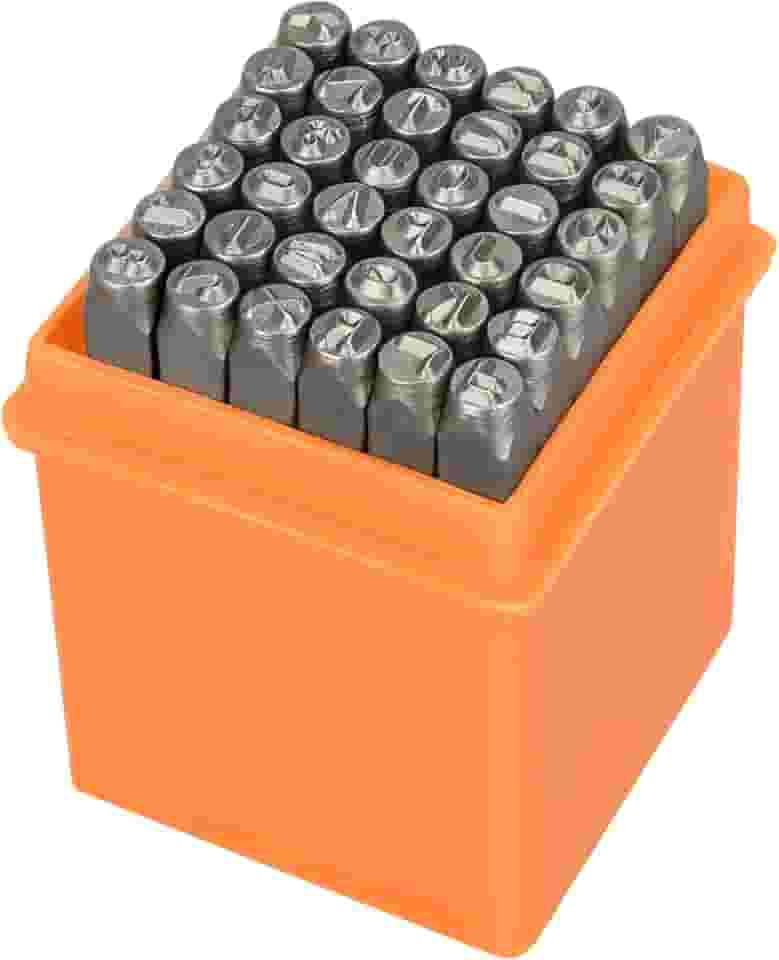 Kit de estampagem de metal com 37 peças, conjunto de carimbos numéricos e letras de 3 mm (1/20.3 cm), inclui maiúsculas de fonte artística, perfurador numérico e carimbo de design de coração