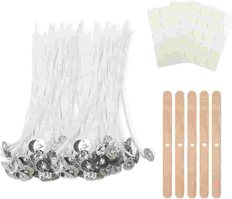 Kit para Fabricação de Velas, 100 Pavios de Algodão com Sustentadores, Adesivos e Palitos de Madeira
