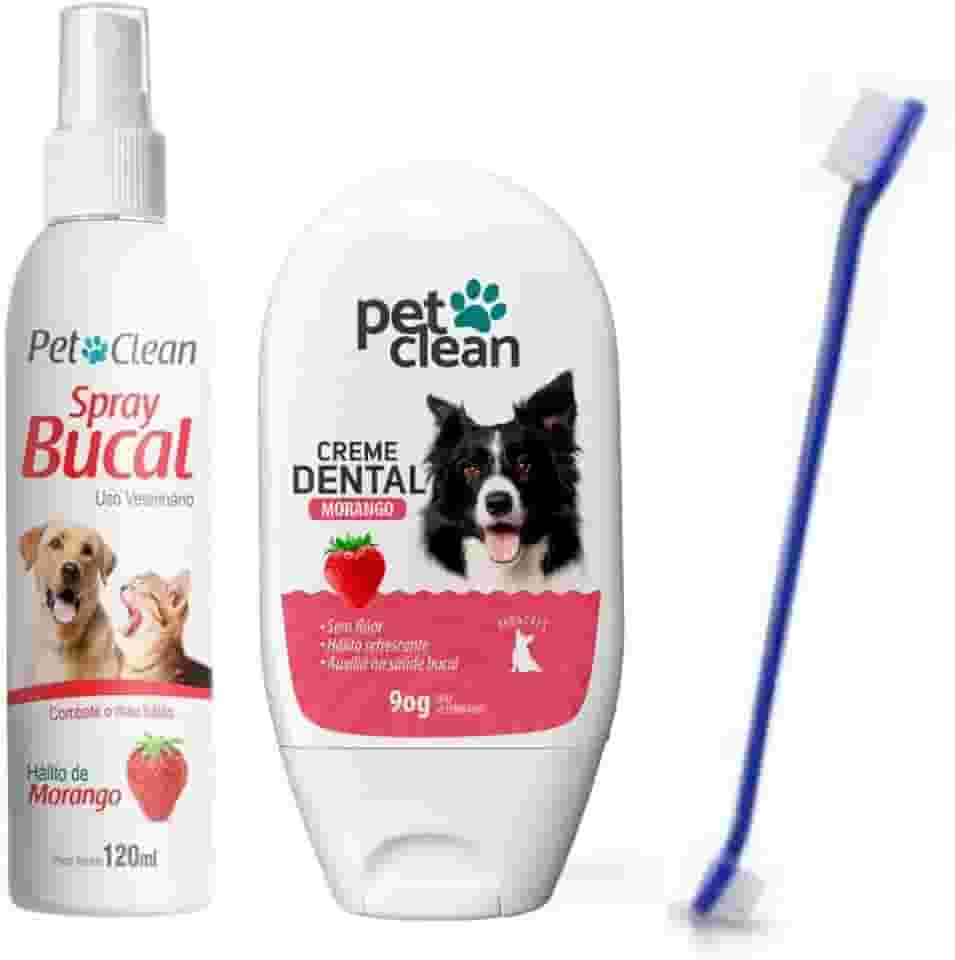 Pet Clean Kit Higiene Bucal, Spray 120ml + Creme Dental 60g, Sabor Morango + Escova de Dente Dupla