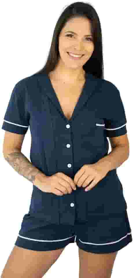 Pijama Algodão Feminino Curto Americano Manga Curta com Botão Botões Verão Adulto indicado Gestante Amamentação e Pós cirúgico - Marinho