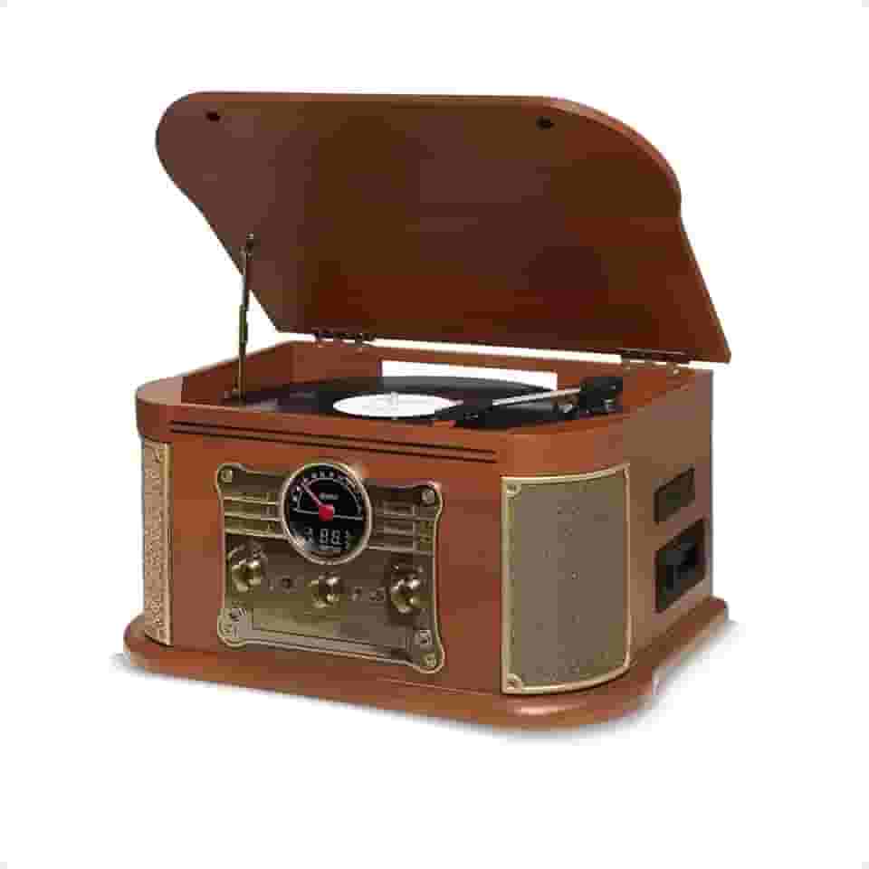 Raveo Vitrola Spazio com Toca-discos de 3 velocidades, Rádio FM, CD e Cassete players, USB e SD (reproduzem e gravam), entrada e saída auxiliares e tecnologia de conexão Bluetooth., Grande