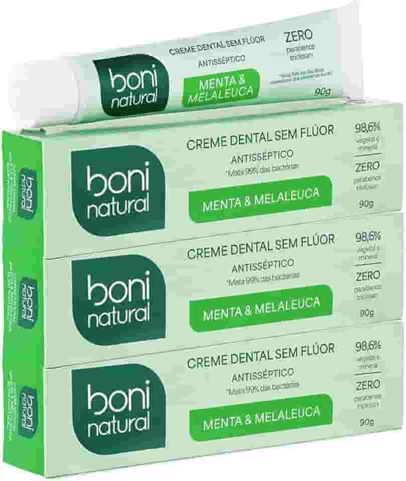 Creme Dental com óleos naturais de Menta e Melaleuca Vegano e Natural, Sem Flúor, Sem Triclosan, Boni Natural, 90g, 3 unidades Leve Mais Pague Menos