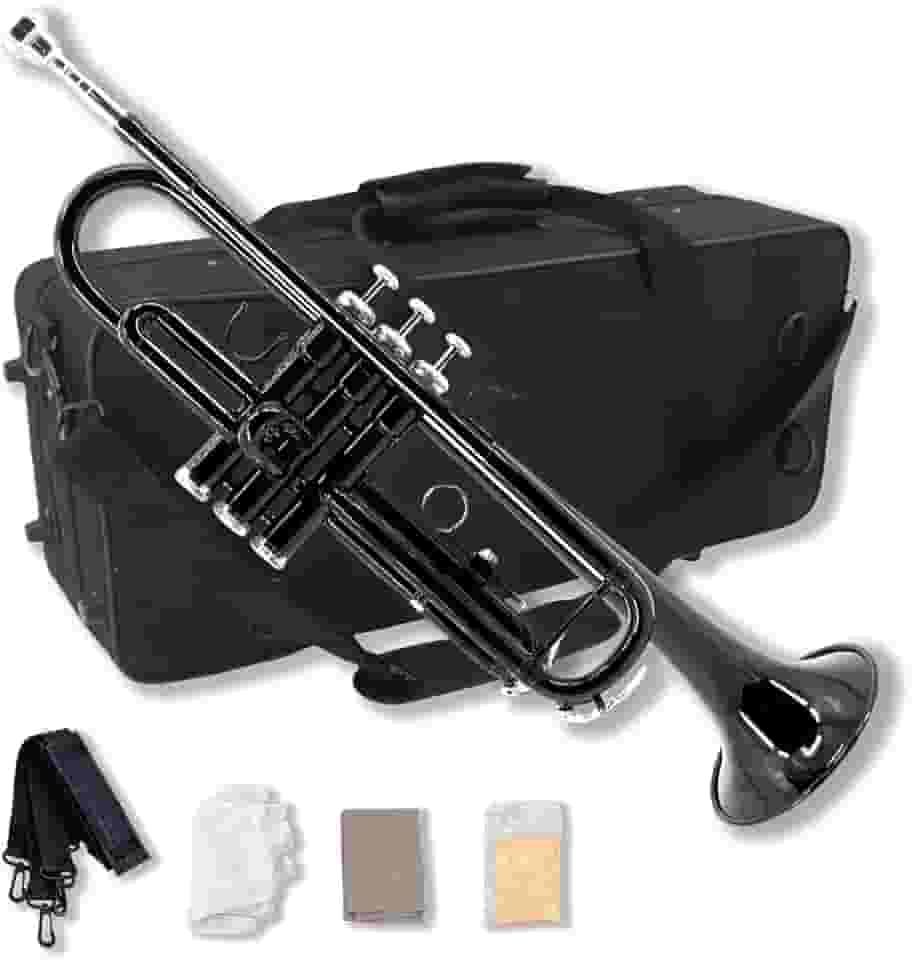 Conjunto de trompete estudantil para iniciantes, instrumentos de trompete de latão, plano B, com bocal 7C, pano de limpeza, luvas e estojo de transporte rígido (preto)