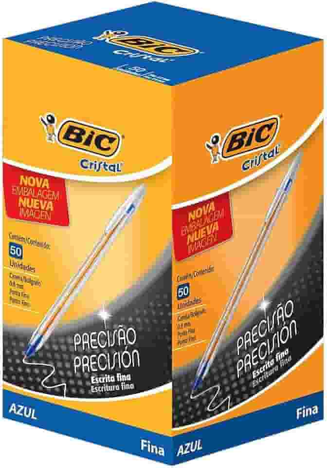 BIC, Caneta Esferográfica Escrita Fina, Cristal Fina, Azul, 50 Unidades