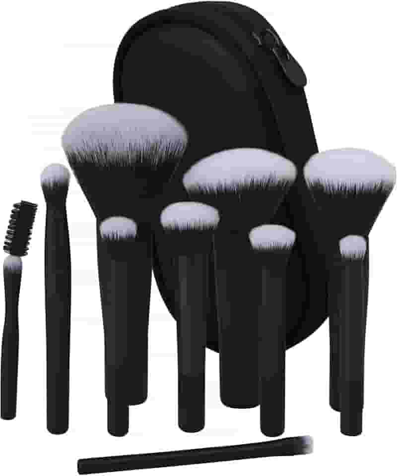 Kit 10 Pincéis de Maquiagem Profissional com Estojo, Cerdas Sintéticas Macias para Base, Pó, Blush e Sombra, Completo para Iniciantes, Portátil para Viagem e Presente (Preto)