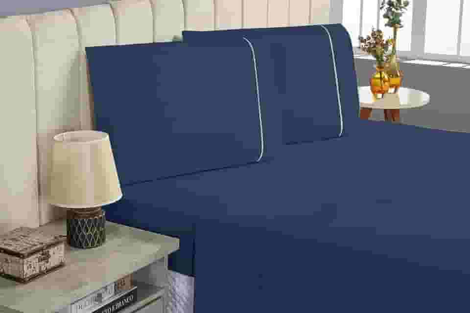 Jogo de Lençol CASAL 4 Peças 400 Fios Lençol de Cima Ponto Palito Toque de Pessego Lençol com Elastico e Com Fronha (AZUL MARINHO, CASAL 4 PEÇAS)