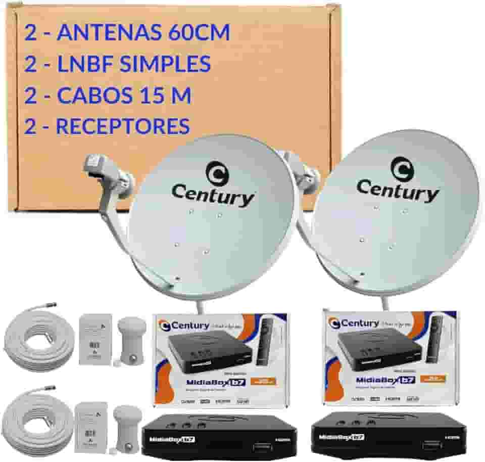 Kit 2 Antenas Parabólicas Ku Century 60cm + 2 Receptor Midiabox B7+2 LNBF Simples Universal + 2 Cabos 15m