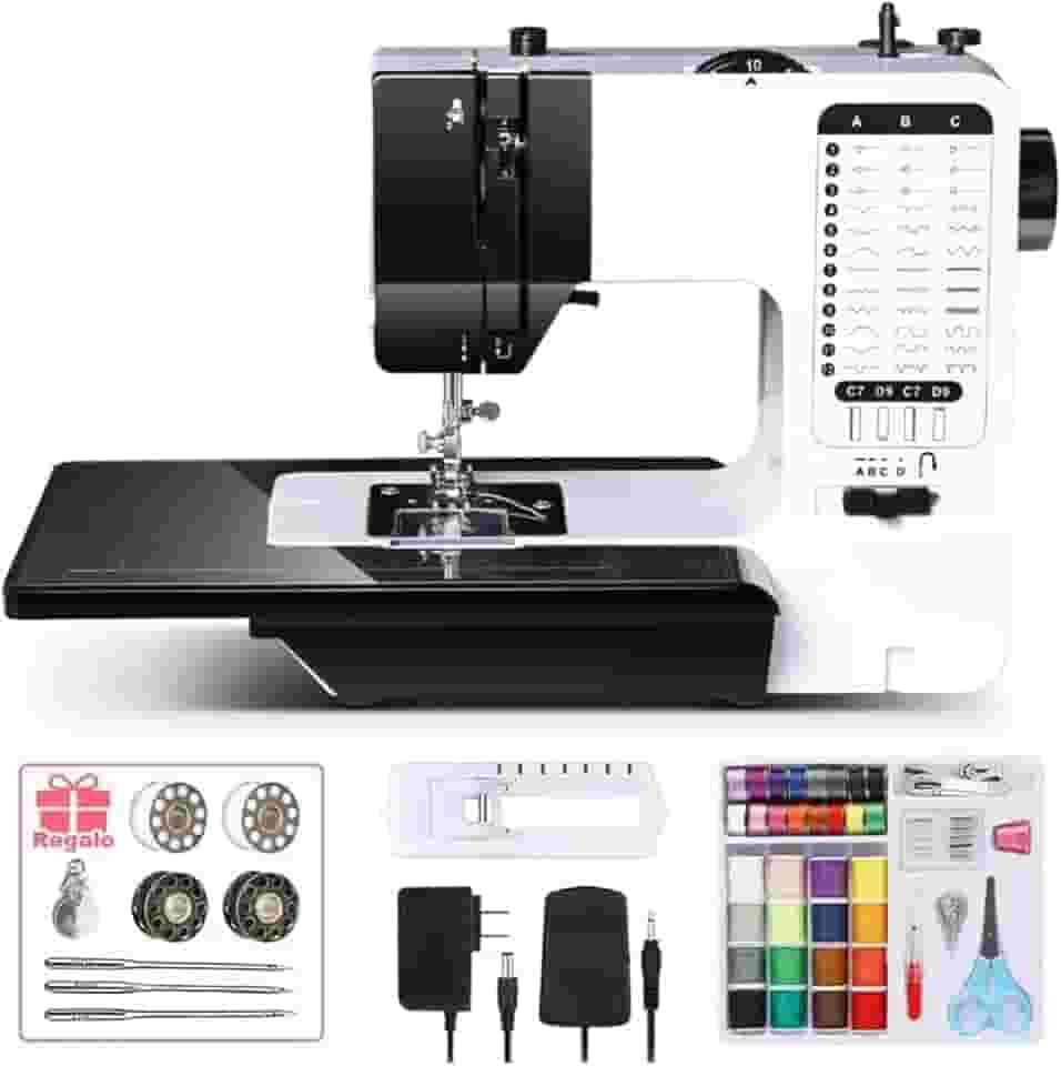 Máquina de Costura Portatil com 38 Pontos Ajustáveis Luz LED,Máquina De Costura Doméstica Com Bancada Ajuste de Comprimento e Largura de Ponto,Casa de Botão Automática,Cortador de Linha - 220v