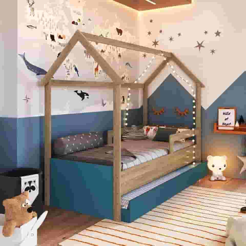 Cama Infantil Montessoriana com Cama Auxiliar Aveiro Oak/azul Secreto