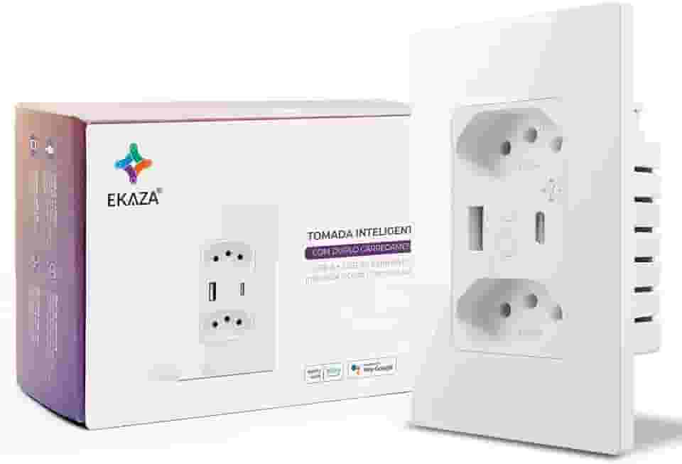 EKAZA Tomada de Parede inteligente Dupla, Com entrada USB + USB-C Type-C, 10A,4x2, Wi-Fi+Bluetooth, 5V 2.1A, compatível com Google Assistente e Alexa - T217WB