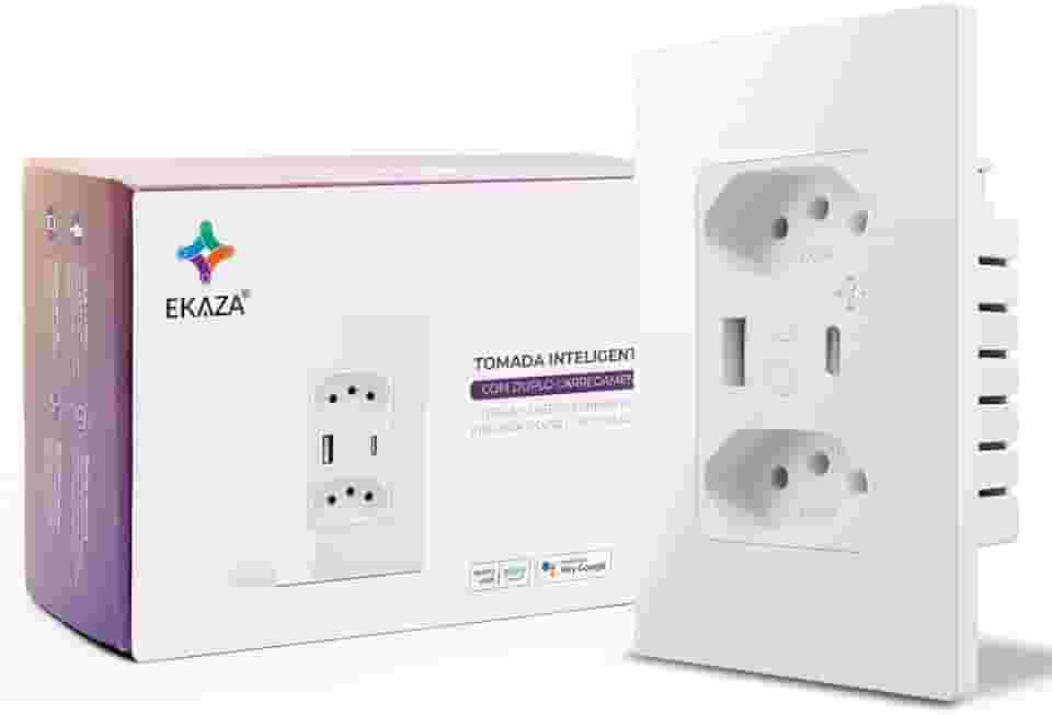 EKAZA Tomada de Parede inteligente Dupla, Com entrada USB + USB-C Type-C, 10A,4x2, Wi-Fi+Bluetooth, 5V 2.1A, compatível com Google Assistente e Alexa - T217WB