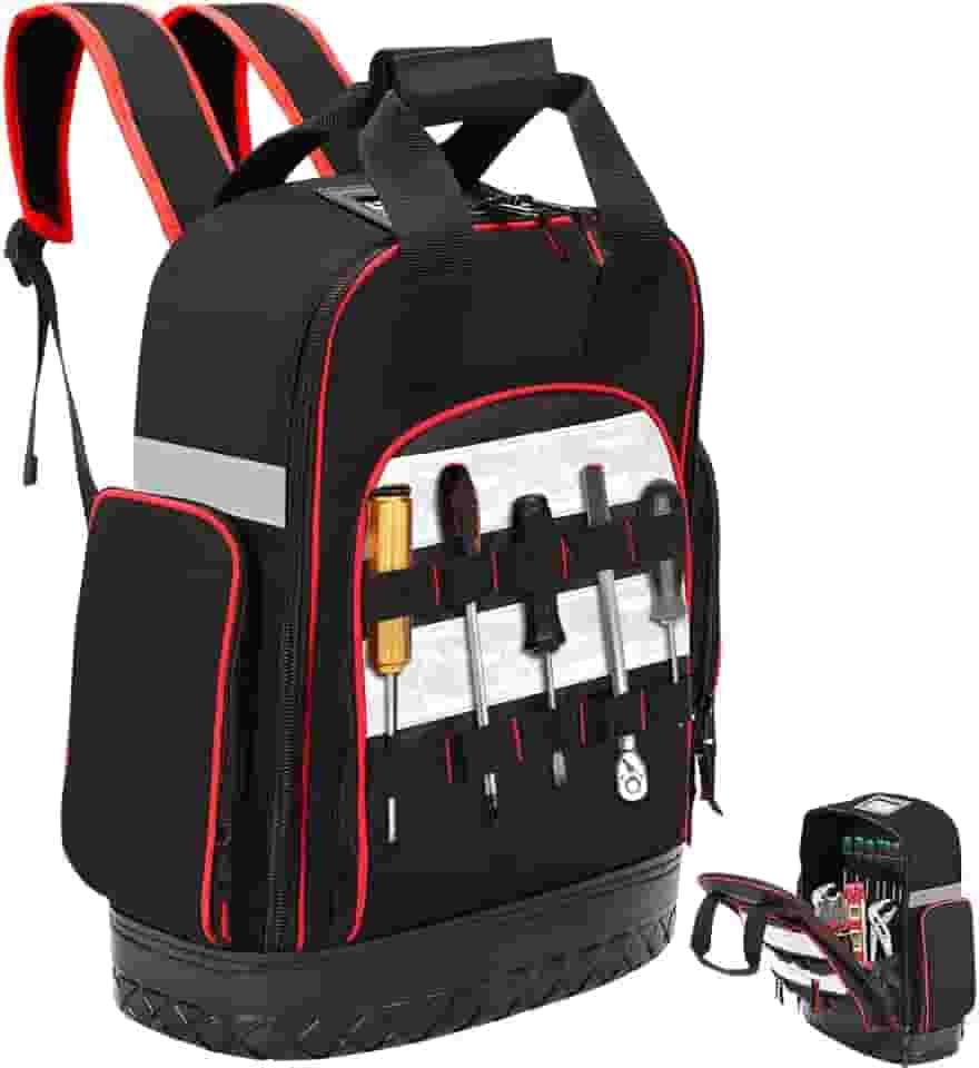 Mochila Ferramentas com Fundo Rígido À Prova D'água 45*34*16cm, Mochila Reforçada Base Emborrachada para 3 Bolsos e 10 Ranhuras No Exterior, 5 Bolsos e 10 Ranhuras no Interior, Bolsa de Ferramentas